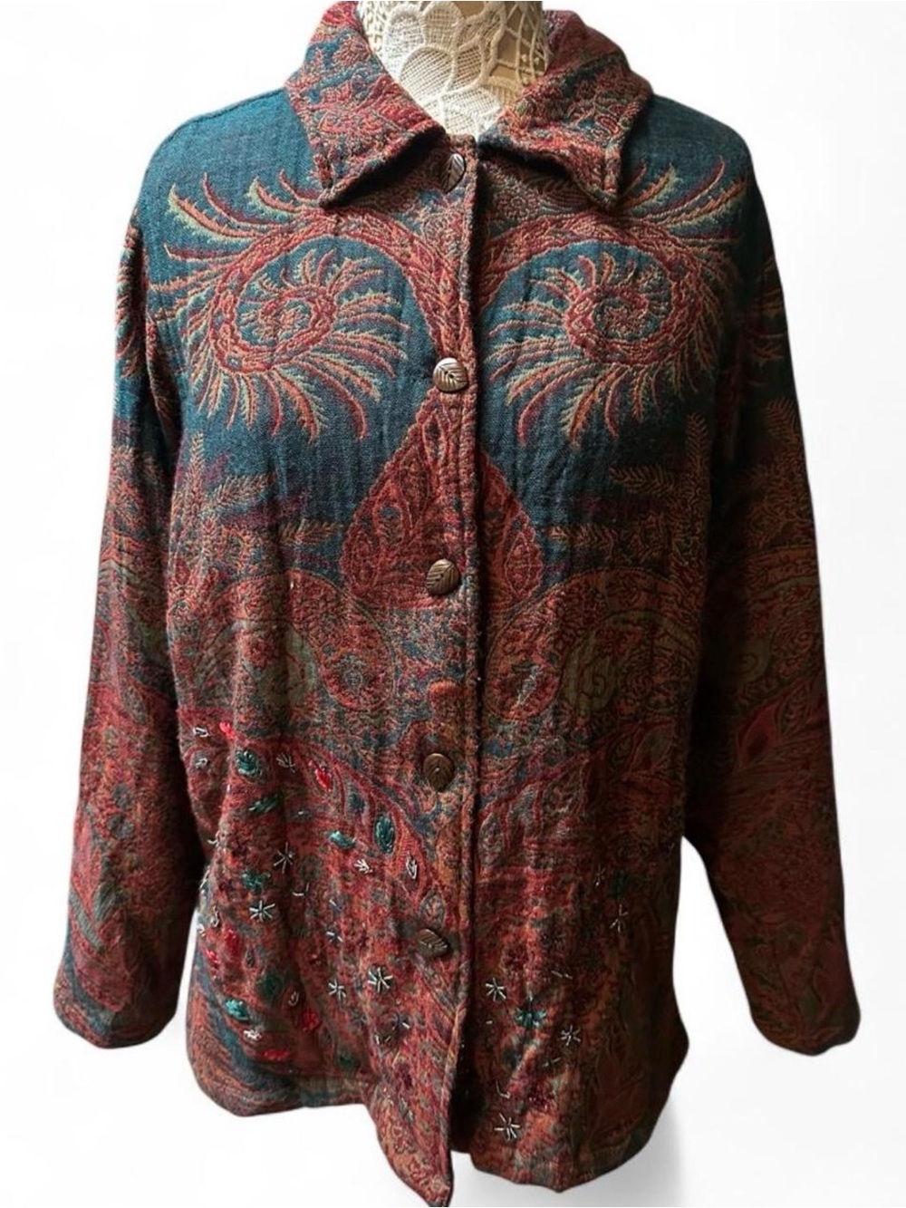 Coldwater Creek Teal and Rust Paisley Embroidered Jacket